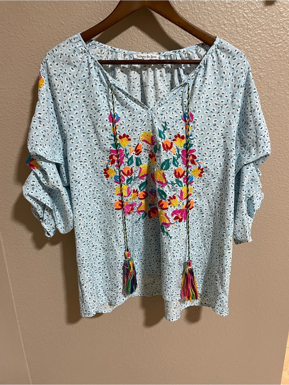 See and be Seen Embroidered Floral Tassel Peasant Top - Light Blue